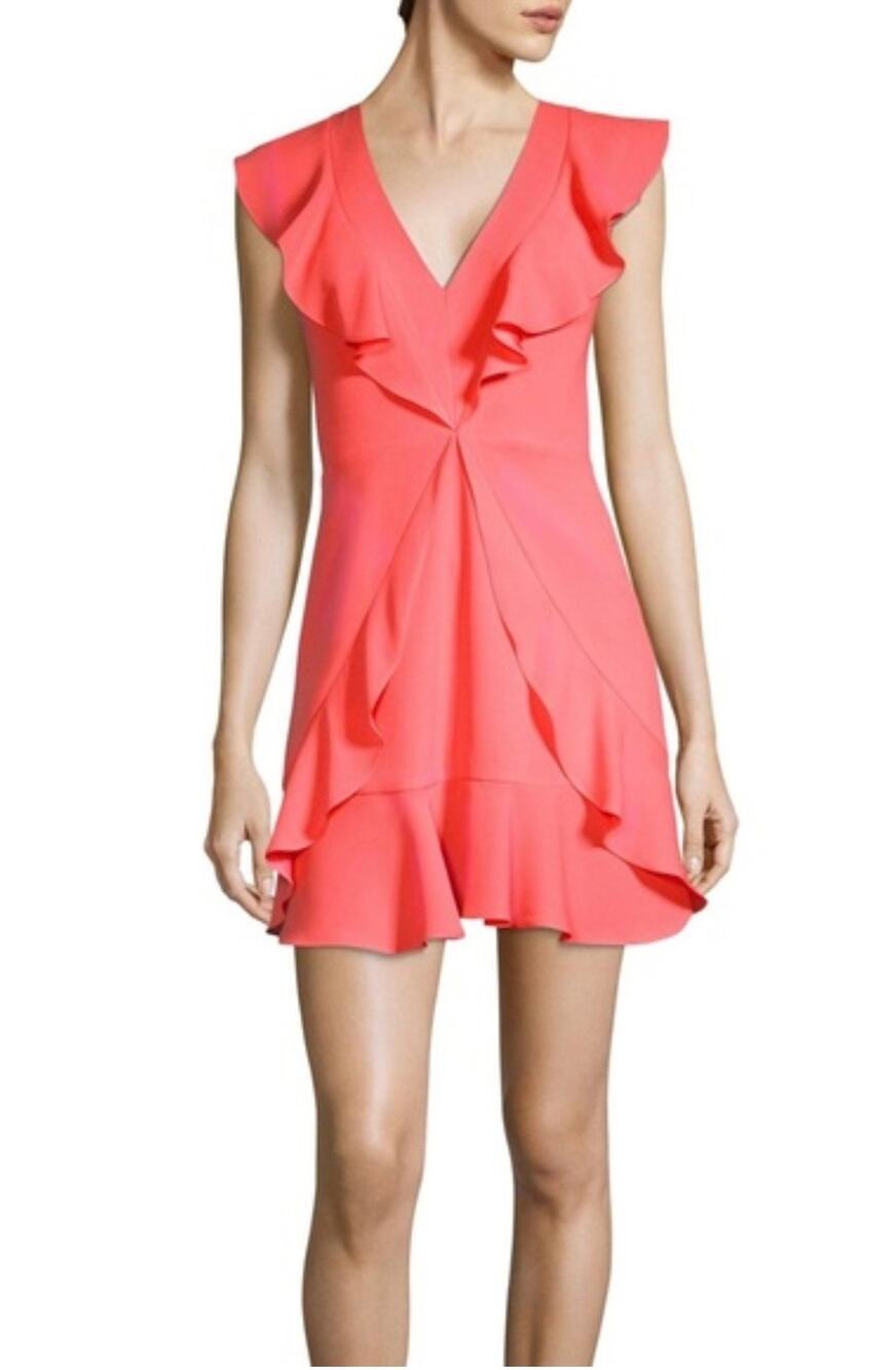 BCBGMAXAZRIA Eleeza Coral Pink Cocktail Dress Ruffled Chiffon Mini Sheath Size 8